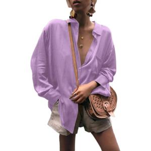 imageLYANER Womens Satin Collar Neck Button Down Long Sleeve Blouse Shirt Tunic TopLight Purple