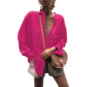 imageLYANER Womens Satin Collar Neck Button Down Long Sleeve Blouse Shirt Tunic TopRose