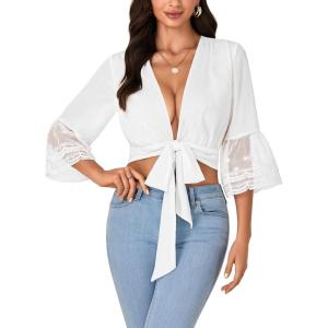 imageLYANER Womens Sexy Tie Front Shirt Deep V Neck Lace Short Sleeve Wrap Crop Top BlouseWhite