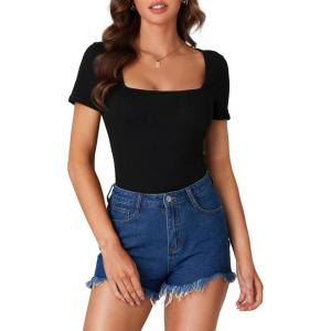 imageLYANER Womens Short Sleeve Square Neck Slim Fit Classic T Shirt Blouse Top TeeBlack