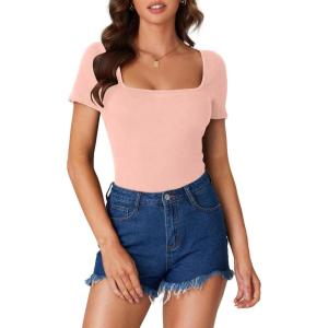 imageLYANER Womens Short Sleeve Square Neck Slim Fit Classic T Shirt Blouse Top TeeLight Pink