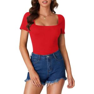 imageLYANER Womens Short Sleeve Square Neck Slim Fit Classic T Shirt Blouse Top TeeRed