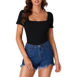 imageLYANER Womens Short Sleeve Square Neck Slim Fit Classic T Shirt Blouse Top TeeSolid Black