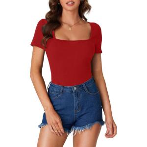 imageLYANER Womens Short Sleeve Square Neck Slim Fit Classic T Shirt Blouse Top TeeSolid Red