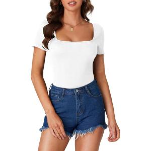 imageLYANER Womens Short Sleeve Square Neck Slim Fit Classic T Shirt Blouse Top TeeWhite