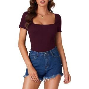 imageLYANER Womens Short Sleeve Square Neck Slim Fit Classic T Shirt Blouse Top TeeWine Red