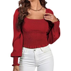 imageLYANER Womens Square Neck Shirred Ruffle Trim Puff Long Sleeve Crop Blouse ShirtRed