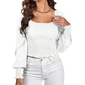 imageLYANER Womens Square Neck Shirred Ruffle Trim Puff Long Sleeve Crop Blouse ShirtWhite