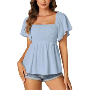 imageLYANER Womens Square Neck Smocked Peplum Top Ruffle Short Sleeve Shirred Babydoll BlouseBaby Blue