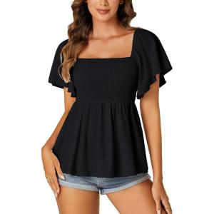 imageLYANER Womens Square Neck Smocked Peplum Top Ruffle Short Sleeve Shirred Babydoll BlouseBlack