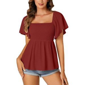 imageLYANER Womens Square Neck Smocked Peplum Top Ruffle Short Sleeve Shirred Babydoll BlouseBurgundy