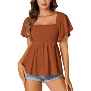 imageLYANER Womens Square Neck Smocked Peplum Top Ruffle Short Sleeve Shirred Babydoll BlouseCaramel