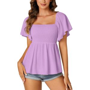 imageLYANER Womens Square Neck Smocked Peplum Top Ruffle Short Sleeve Shirred Babydoll BlouseLavender
