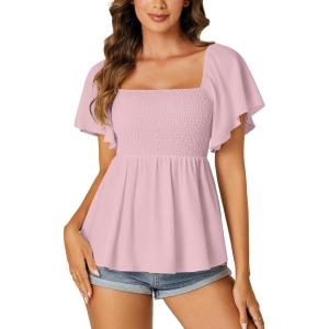 imageLYANER Womens Square Neck Smocked Peplum Top Ruffle Short Sleeve Shirred Babydoll BlousePink