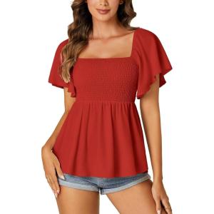 imageLYANER Womens Square Neck Smocked Peplum Top Ruffle Short Sleeve Shirred Babydoll BlouseRed