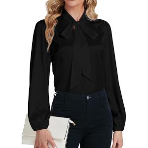 imageLYANER Womens Tie Knot Neck Lantern Long Sleeve Work Blouse Shirt TopBlack