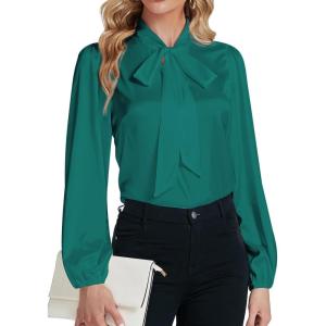 imageLYANER Womens Tie Knot Neck Lantern Long Sleeve Work Blouse Shirt TopGreen