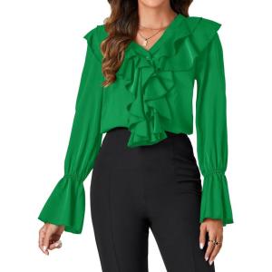imageLYANER Womens V Neck Ruffle Front Button Down Ruffle Long Sleeve Blouse Top ShirtGreen