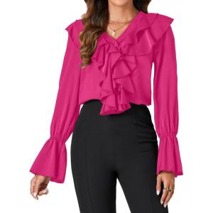 imageLYANER Womens V Neck Ruffle Front Button Down Ruffle Long Sleeve Blouse Top ShirtRose