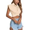 imageLYANER Womens Collar V Neck Wrap Front Cross Tie Back Cap Sleeve Crop Top BlouseBeige