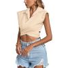imageLYANER Womens Collar V Neck Wrap Front Cross Tie Back Cap Sleeve Crop Top BlouseBeige