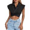 imageLYANER Womens Collar V Neck Wrap Front Cross Tie Back Cap Sleeve Crop Top BlouseBlack