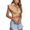 imageLYANER Womens Collar V Neck Wrap Front Cross Tie Back Cap Sleeve Crop Top BlouseKhaki