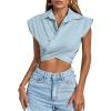imageLYANER Womens Collar V Neck Wrap Front Cross Tie Back Cap Sleeve Crop Top BlouseLight Blue