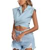 imageLYANER Womens Collar V Neck Wrap Front Cross Tie Back Cap Sleeve Crop Top BlouseLight Blue