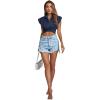 imageLYANER Womens Collar V Neck Wrap Front Cross Tie Back Cap Sleeve Crop Top BlouseNavy Blue