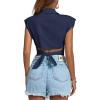 imageLYANER Womens Collar V Neck Wrap Front Cross Tie Back Cap Sleeve Crop Top BlouseNavy Blue