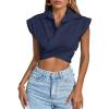 imageLYANER Womens Collar V Neck Wrap Front Cross Tie Back Cap Sleeve Crop Top BlouseNavy Blue