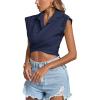 imageLYANER Womens Collar V Neck Wrap Front Cross Tie Back Cap Sleeve Crop Top BlouseNavy Blue