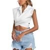 imageLYANER Womens Collar V Neck Wrap Front Cross Tie Back Cap Sleeve Crop Top BlouseWhite
