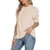 imageLYANER Womens Frill Mock Neck Pletaed Puff Short Sleeve Chiffon Blouse Shirt TopBeige