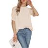 imageLYANER Womens Frill Mock Neck Pletaed Puff Short Sleeve Chiffon Blouse Shirt TopBeige