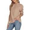 imageLYANER Womens Frill Mock Neck Pletaed Puff Short Sleeve Chiffon Blouse Shirt TopLight Khaki