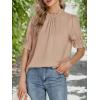 imageLYANER Womens Frill Mock Neck Pletaed Puff Short Sleeve Chiffon Blouse Shirt TopLight Khaki