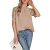 imageLYANER Womens Frill Mock Neck Pletaed Puff Short Sleeve Chiffon Blouse Shirt TopLight Khaki