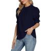 imageLYANER Womens Frill Mock Neck Pletaed Puff Short Sleeve Chiffon Blouse Shirt TopNavy Blue