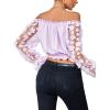imageLYANER Womens Off Shoulder Floral Mesh Long Sleeve Ruffle Trim Crop Blouse TopLight Purple