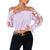 imageLYANER Womens Off Shoulder Floral Mesh Long Sleeve Ruffle Trim Crop Blouse TopLight Purple