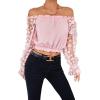 imageLYANER Womens Off Shoulder Floral Mesh Long Sleeve Ruffle Trim Crop Blouse TopPink