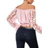 imageLYANER Womens Off Shoulder Floral Mesh Long Sleeve Ruffle Trim Crop Blouse TopPink