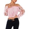 imageLYANER Womens Off Shoulder Floral Mesh Long Sleeve Ruffle Trim Crop Blouse TopPink
