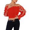 imageLYANER Womens Off Shoulder Floral Mesh Long Sleeve Ruffle Trim Crop Blouse TopRed