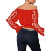 imageLYANER Womens Off Shoulder Floral Mesh Long Sleeve Ruffle Trim Crop Blouse TopRed