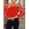 imageLYANER Womens Off Shoulder Floral Mesh Long Sleeve Ruffle Trim Crop Blouse TopRed