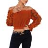 imageLYANER Womens Off Shoulder Floral Mesh Long Sleeve Ruffle Trim Crop Blouse TopRust Red