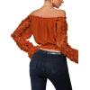 imageLYANER Womens Off Shoulder Floral Mesh Long Sleeve Ruffle Trim Crop Blouse TopRust Red